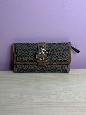 Coach Brown Signature Canvas Wallet with Tan Leather Trim
